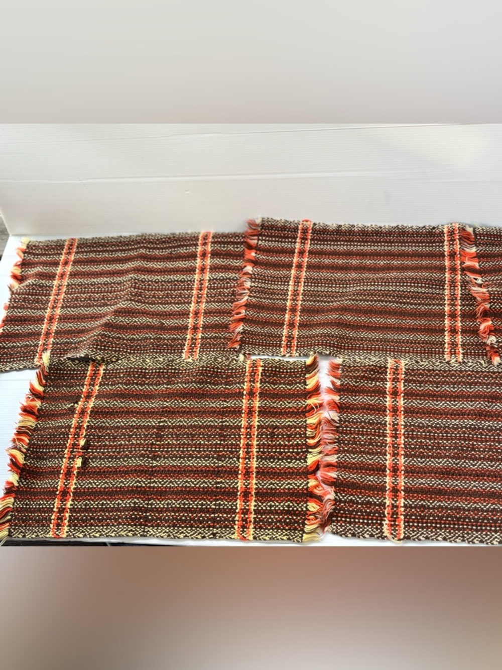 Vintage Woven Placemats Set of 4 Brown Orange Fringe